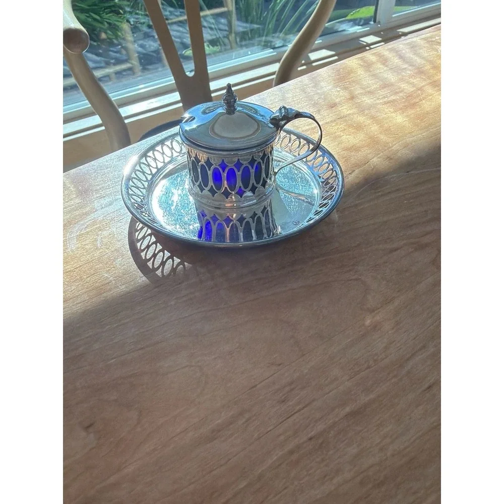 Vintage Cheltenham & Co Silver Plate Mustard Pots‎ Cobalt Blue Glass Set of 2